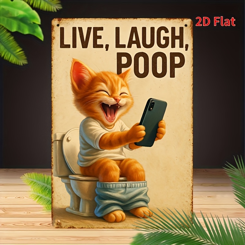 Home Bathroom Signs - Funny Cat on Toilet Metal Wall